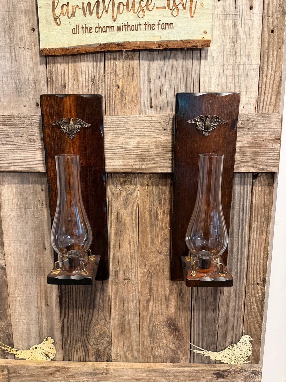 Vintage Federal Rustic Brown Wood Wall Sconce Pair with Glass Lanterns